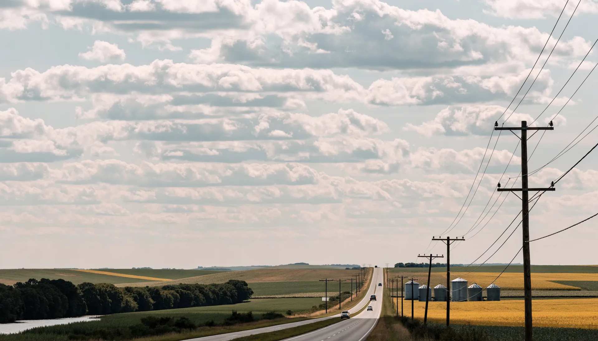 A divided highway running through rolling midwest farmland with grain bins and an overhead cable line following the shoulder